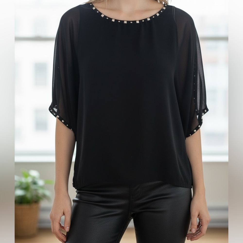 Guess Vintage Y2K Los Angeles XS‎ Black Chiffon Batwing Studded Flowy Top